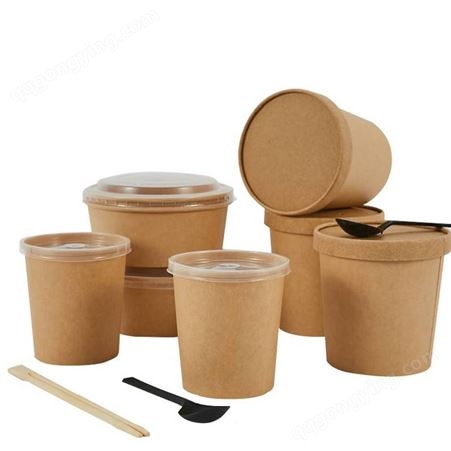 牛皮纸汤桶 粥桶打包盒 一次性汤碗 圆形防漏外卖纸餐盒 沙拉甜品纸碗