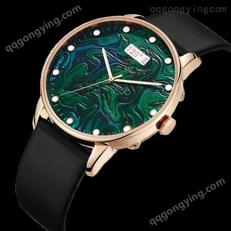 时间之旅 机芯电波表 绿黑真皮表带 气质简约手表 情侣手表